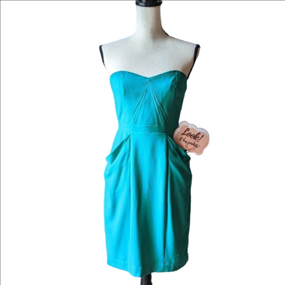 BCBGMaxAzria Womens Size 4 Emerald Green Daphne Strapless Dress with Pockets EUC